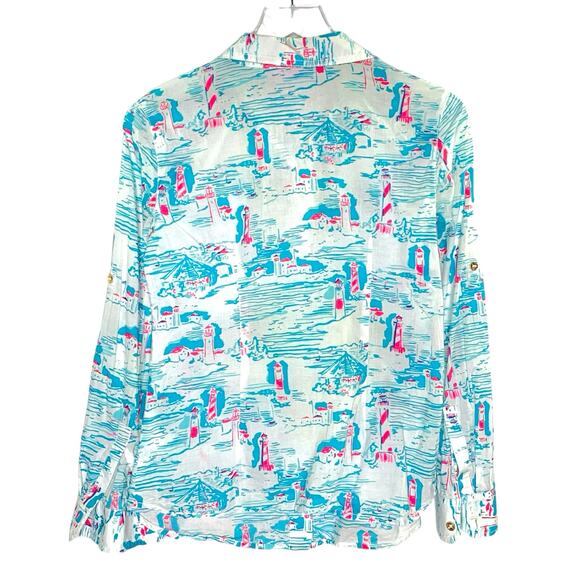 Lilly Pulitzer 0 Cruiser Shirt Watch Out Lighthouse Print Blue Pink Coastal Sea - Picture 2 of 9
